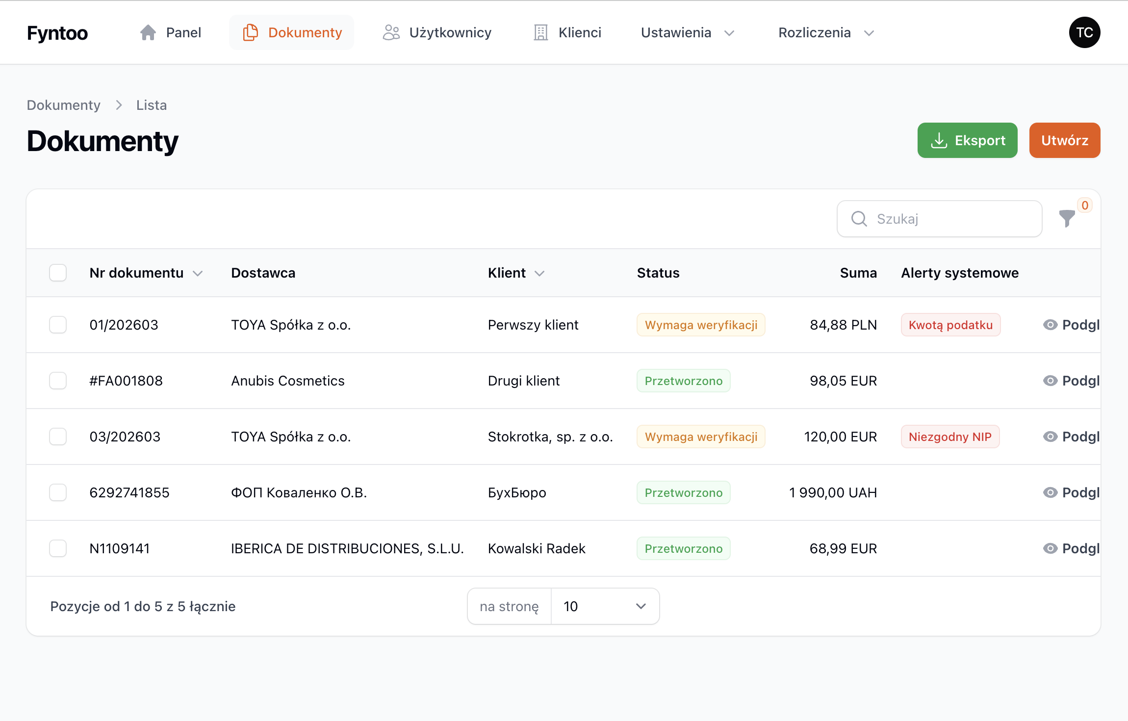 Fyntoo dashboard showing automated invoice data extraction interface